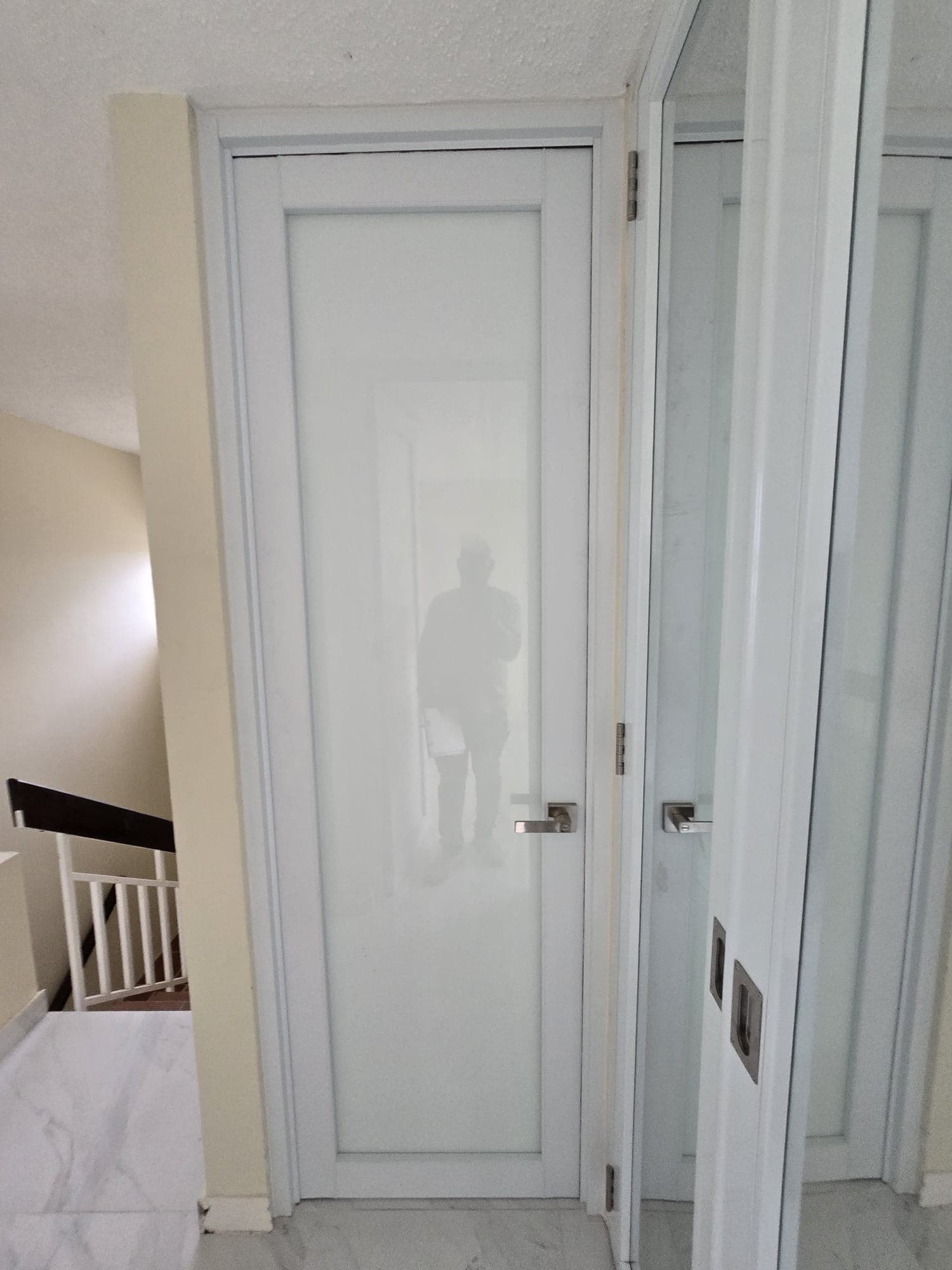 Frosted glass door with a silver handle showing a person's silhouette near a staircase.