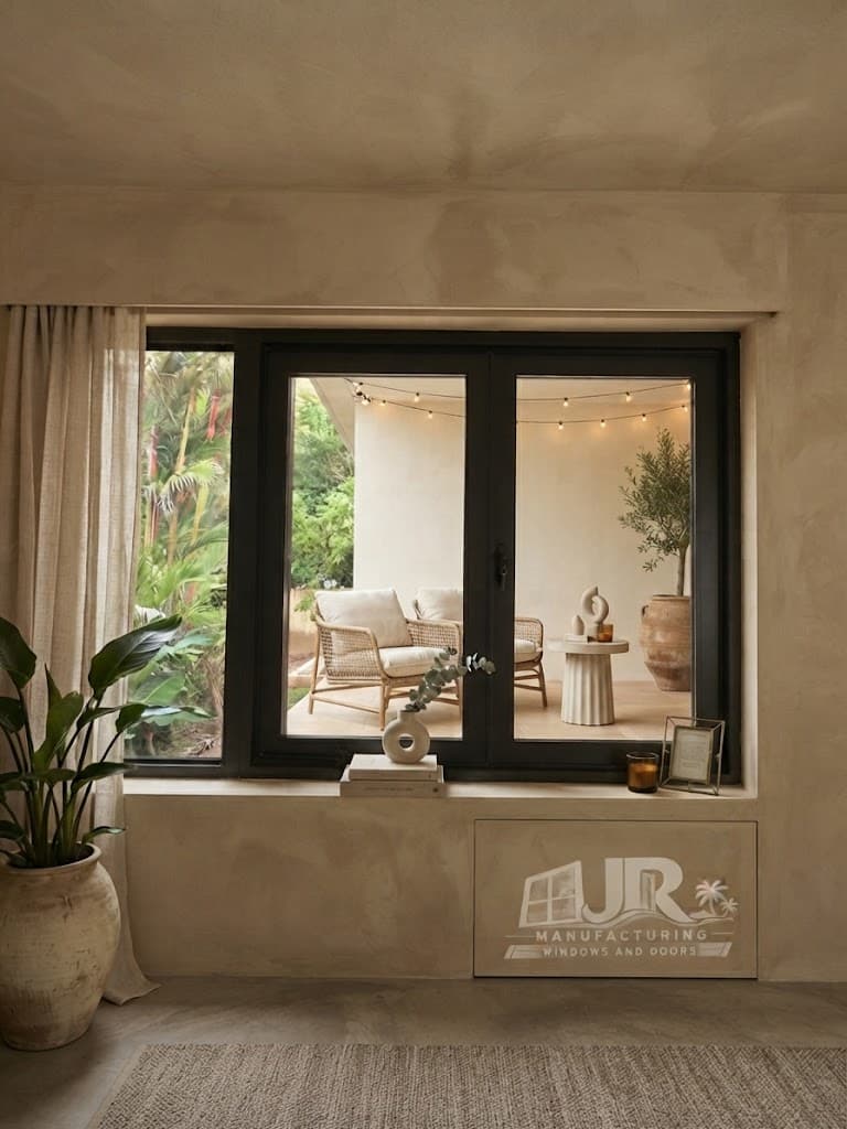 Black-framed window looking out onto a minimalist patio with wicker chairs and string lights.