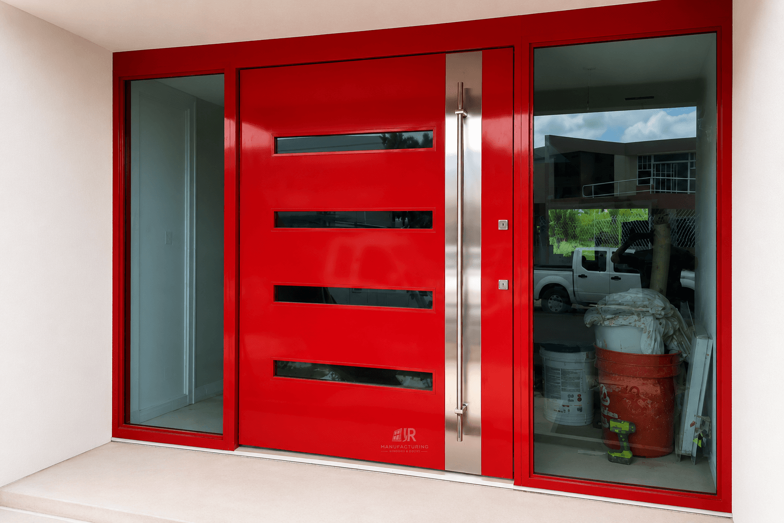 Modern red front door with horizontal glass slats and a long vertical silver handle.