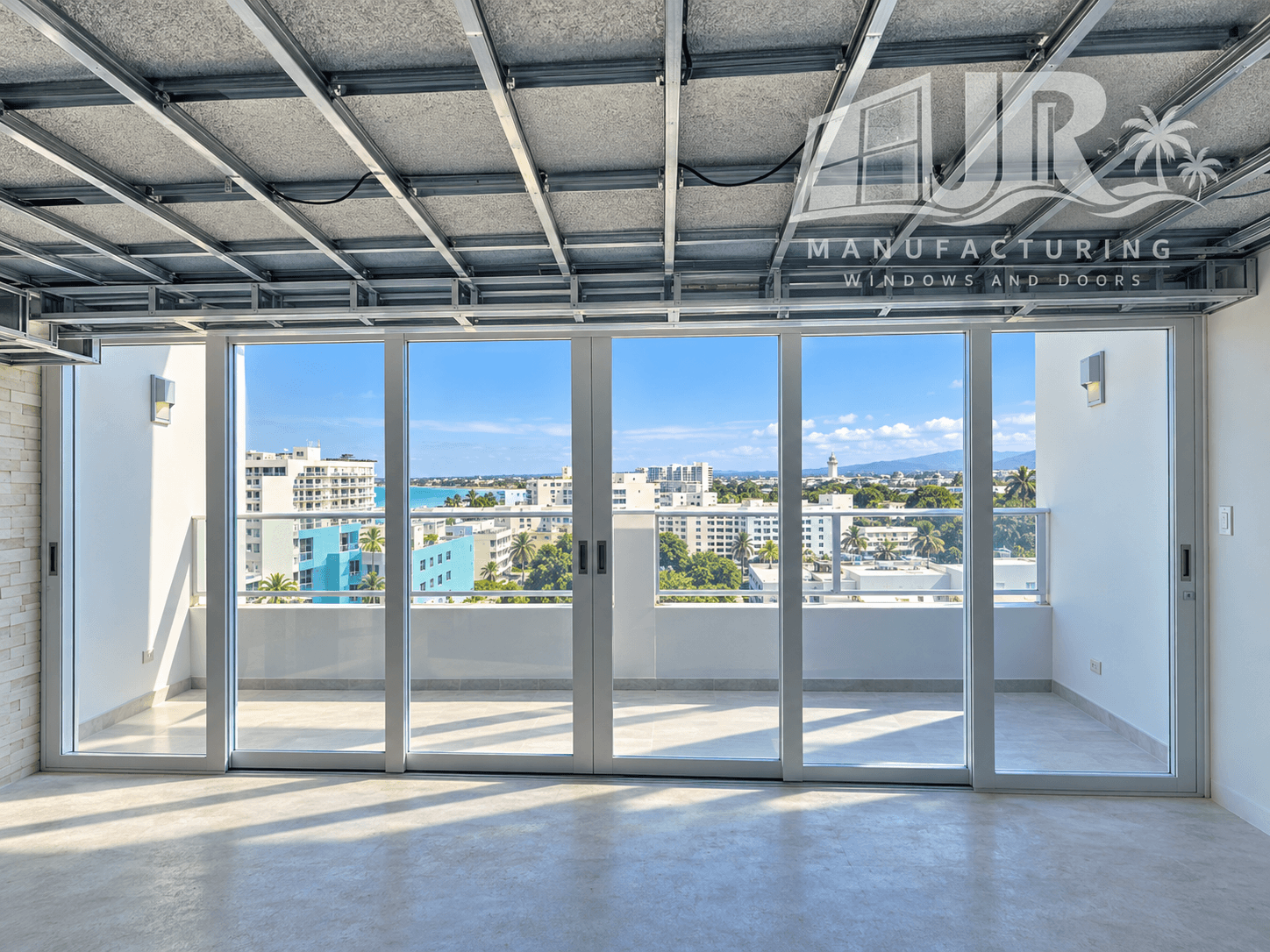 Modern sliding glass doors frame a scenic coastal city view from a room under construction.