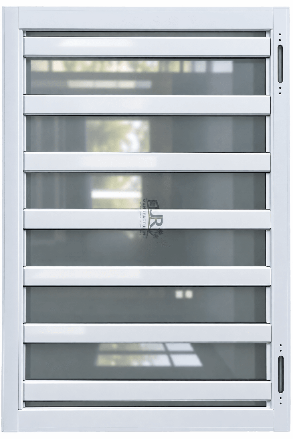 White louvered window with horizontal slats and glass panels, featuring a central manufacturer's logo.