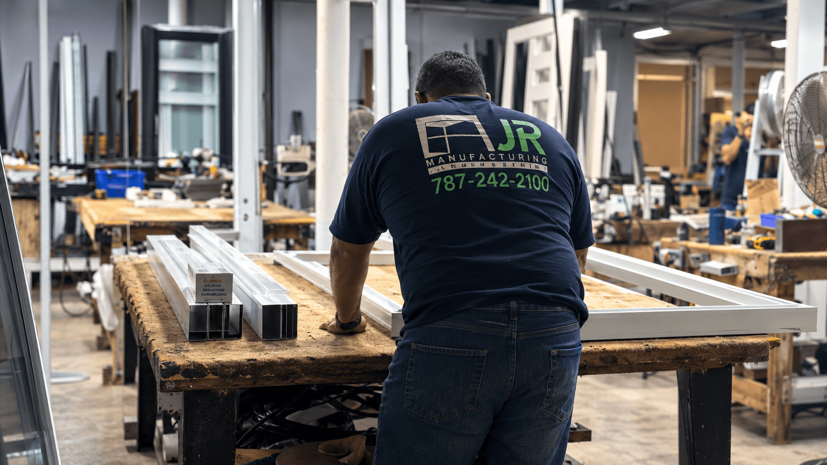 Worker in a JR Manufacturing shirt assembling white window frames in a busy factory.