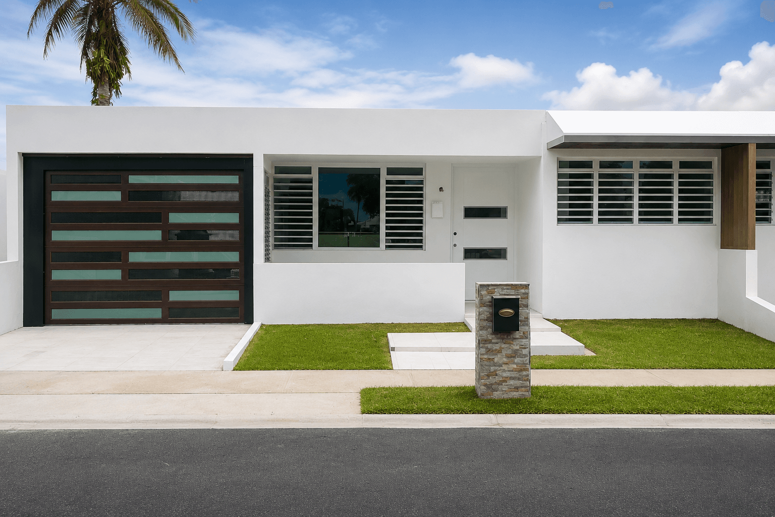 Modern white house with a dark garage door, stone mailbox, and small green lawn.