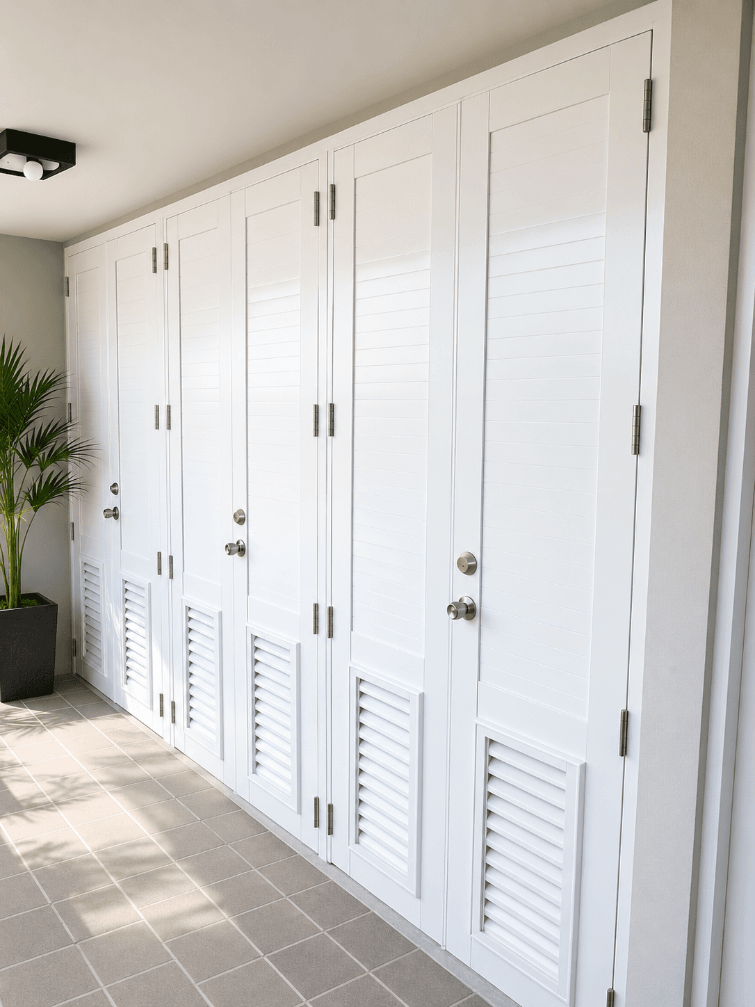 Row of white paneled doors with louvered vents in a modern, sunlit tiled hallway.