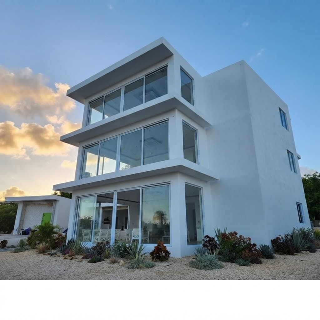 Modern three-story white house featuring large glass windows and desert landscaping at sunset.