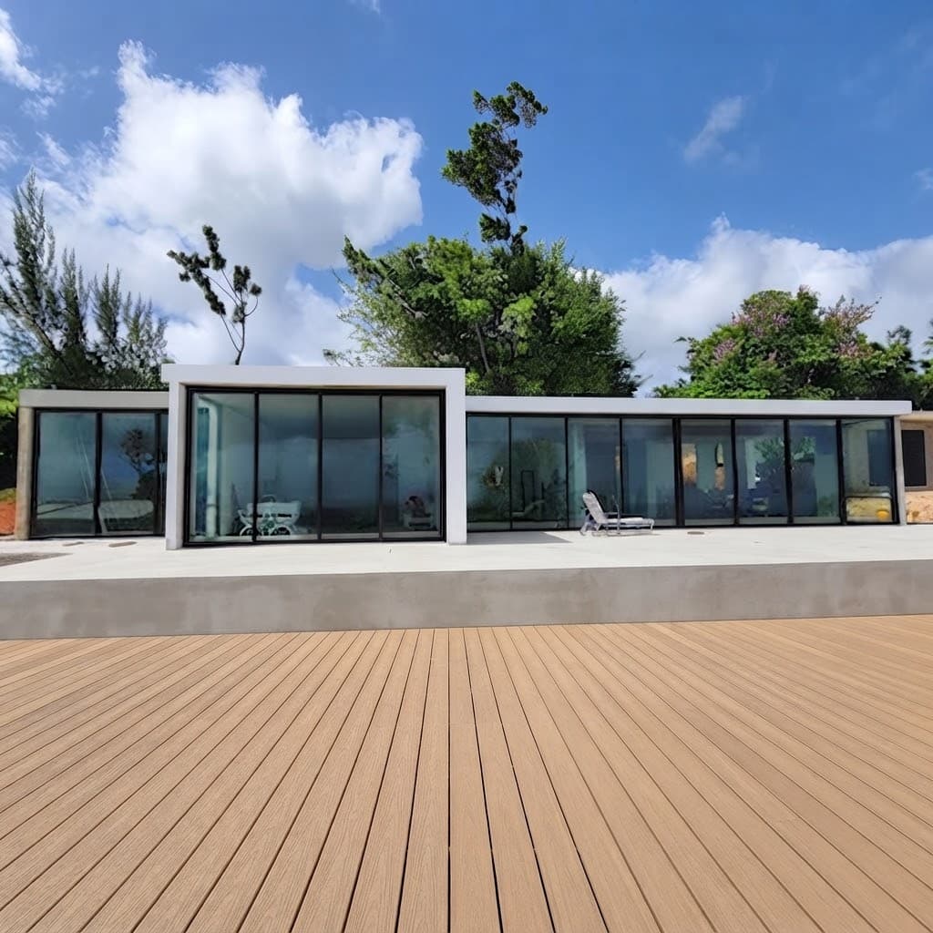 Modern white house with large glass windows and a spacious wooden deck under blue skies.